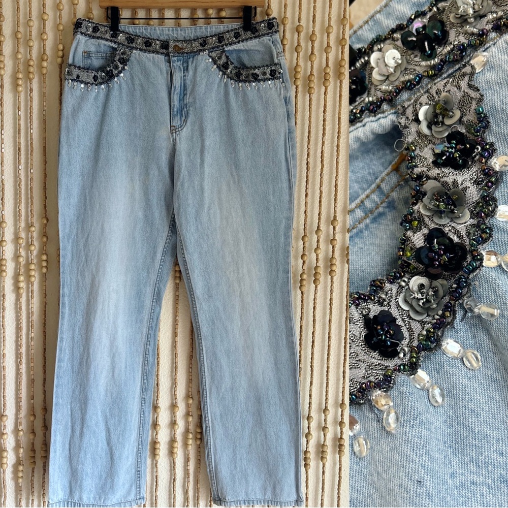 Vintage 90s Y2K Light Wash Beaded Sequin Embellished Boho Fairy Whimsy Jeans 16